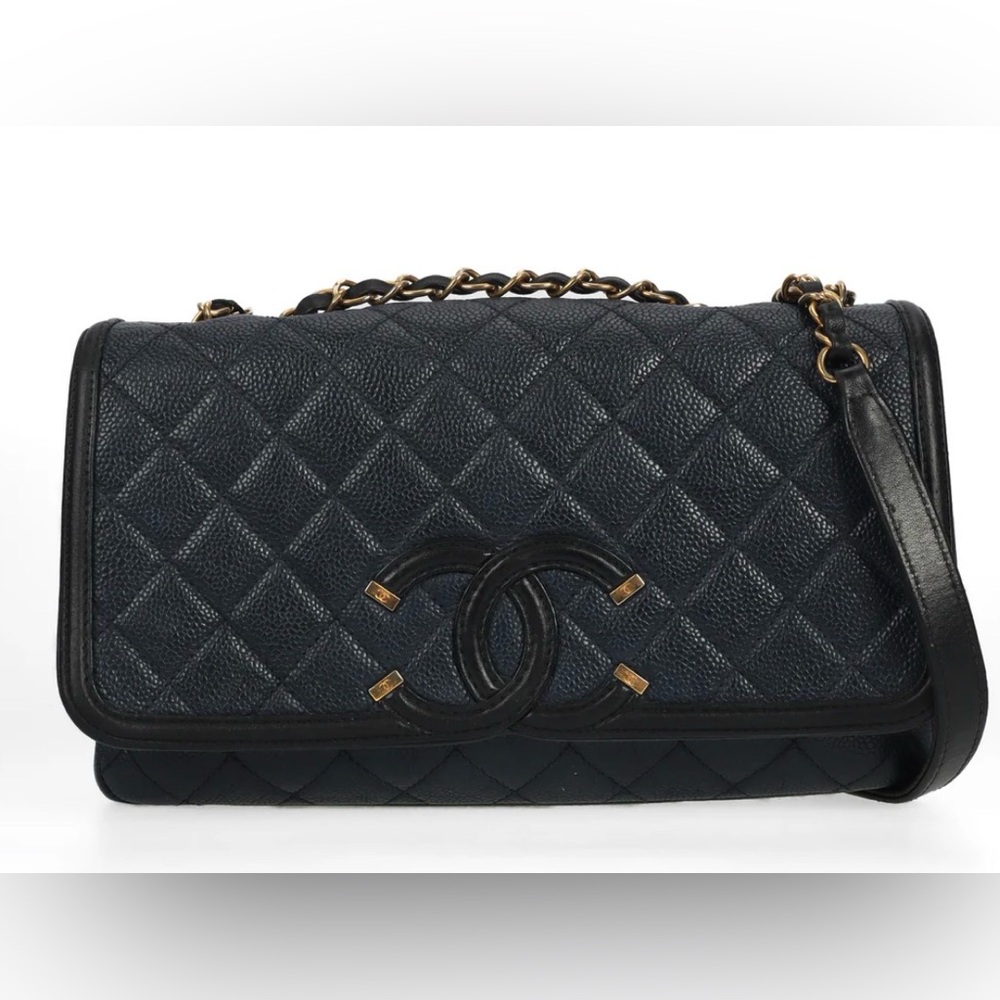 CHANEL Navy and Black Quilted Caviar Leather Filigree Flap Bag with Gold